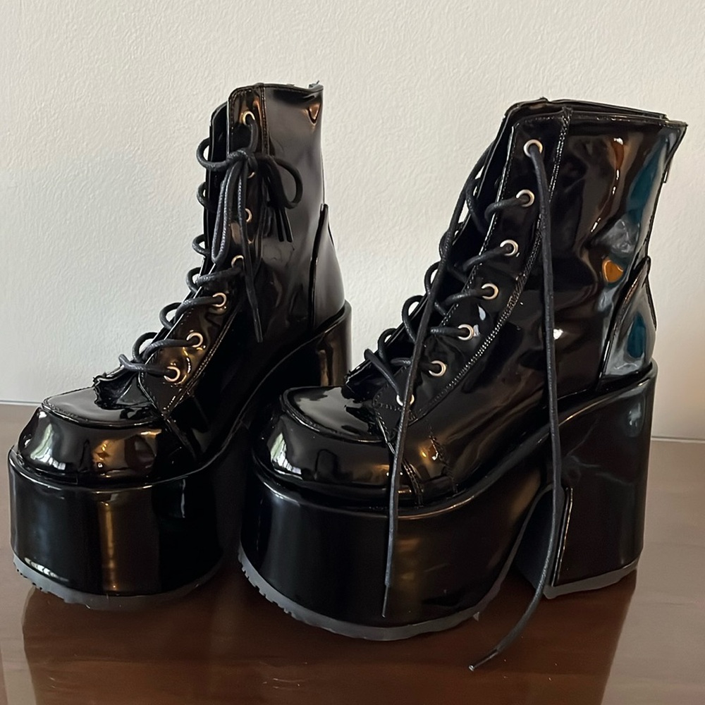 Demonia black patent leather platform ankle boots